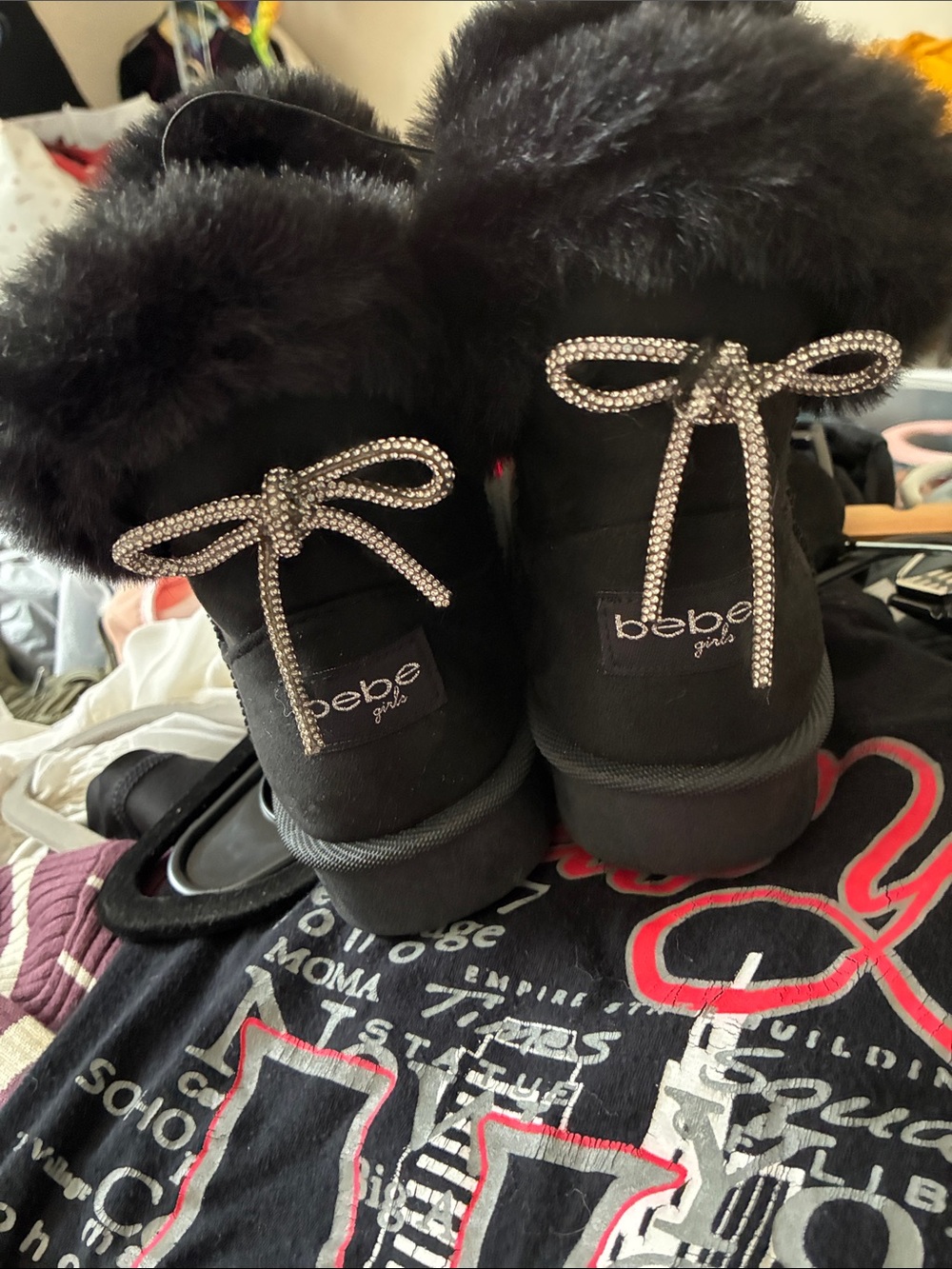 Kids bebe Black Faux-Fur Ankle Boots with Crystal Bow Accent
